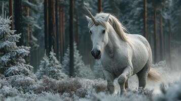 Majestic white unicorn walking through a snowy forest during a serene winter morning photo