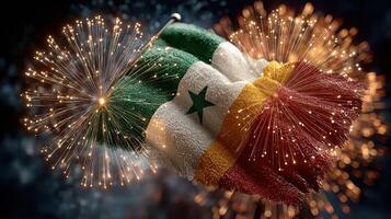 Senegalese flag illuminated by vibrant fireworks during festive celebration at night in a lively urban setting photo