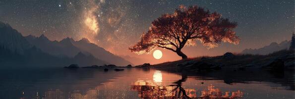 Vibrant sunset reflecting on calm lake with a majestic tree under a starry sky in a mountainous landscape photo