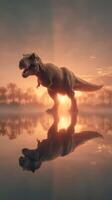 Dinosaur stands in calm waters at sunset with vibrant reflections in prehistoric landscape photo