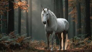 Mystical unicorn stands in a serene forest during early morning light in autumn photo