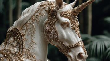 Detailed sculpture of a unicorn adorned with intricate golden decorations set against a lush natural background photo