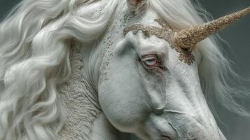 Majestic white unicorn with intricate details and a golden horn against a soft background photo