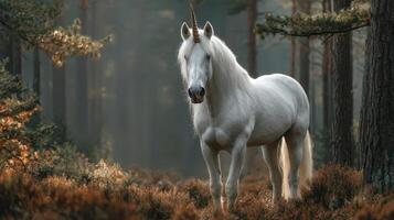 Majestic white unicorn standing gracefully in a misty forest during early morning light near tall trees and colorful foliage photo