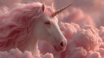 Soft pink clouds surround a majestic unicorn with a shimmering golden horn at sunset in a fantasy landscape photo