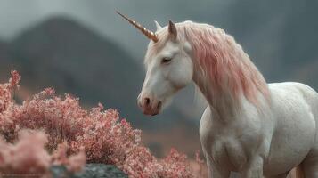 Magical unicorn in a serene landscape with pink flowers and misty mountains in the background during twilight photo