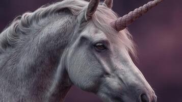 Majestic gray unicorn with a spiraled horn posing against a softly blurred purple background during twilight photo