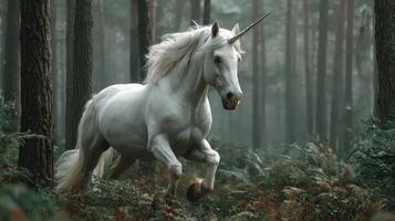 Magical unicorn gallops through enchanted forest during misty morning hours photo