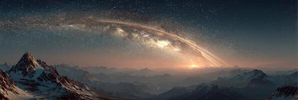 Breathtaking view of the Milky Way over majestic mountains at dawn in a remote location photo