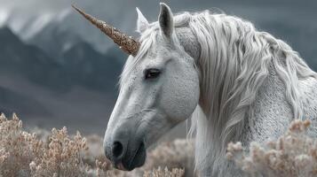 Majestic white unicorn with a golden horn in a serene mountain landscape during twilight hours photo