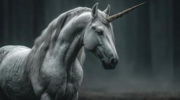 Mystical unicorn standing proudly in a foggy forest setting during twilight hours photo