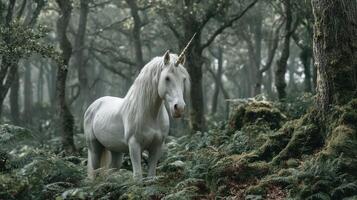 Majestic white unicorn standing in a mystical forest surrounded by lush greenery and ancient trees during misty morning light photo