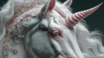 Intricate close-up of an ethereal unicorn with delicate features and flowing mane in a surreal artistic representation photo