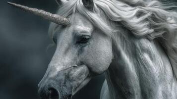 Majestic white unicorn with a shimmering horn captured in enchanting monochrome photo