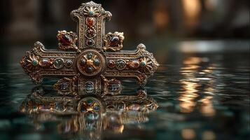 Intricate religious cross rests on calm water, reflecting ornate details and shimmering lights during golden hour photo
