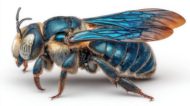 Detailed close-up of a vibrant blue bee resting on a surface in natural light settings photo