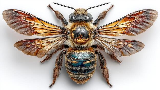 Detailed view of a bee showcasing its intricate wing structure and textured body in nature photo