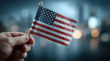 Hand holding small American flag with city lights in the background during a rainy evening photo