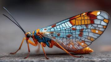 Close-up view of a colorful insect perched on a surface showcasing intricate patterns and vibrant colors in natural light photo
