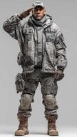 Soldier in military uniform salutes while standing against a gray background in a proud and dignified pose photo