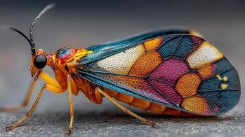 Colorful insect with intricate patterns captured in close-up view on a dark surface during daylight hours photo