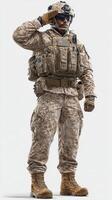 Soldier in desert camouflage saluting during a military display in a training environment photo