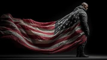 Military figure stands proud with an American flag cape in a dark setting during a powerful moment of solidarity and strength photo