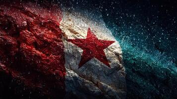 Textural representation of North Korean flag with vibrant colors and water splashes in the background photo