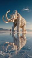 Giant mammoth sculpture stands on salt flat at sunset with a person walking nearby photo
