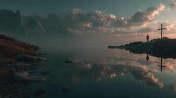 Sunrise reflection over calm lake with solitary figure beside cross in misty mountain landscape photo