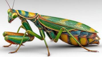 Brightly colored mantis showcasing intricate patterns and textures in a detailed close-up view photo