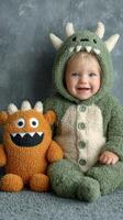 Adorable toddler wearing monster costume sitting with a plush toy in a cozy setting photo