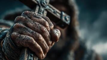 Gripped tightly by a weathered hand, a cross symbolizes faith and resilience in a harsh environment photo