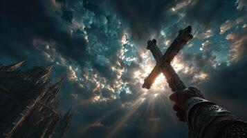 Dramatic sky and towering castle with a hand holding a cross under sunlight photo