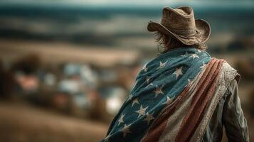 Cowboy draped in a flag stands on a hill overlooking a small town during a cloudy day photo