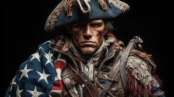 Historical reenactor portrays American Revolutionary War soldier in detailed costume photo