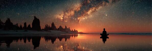 Vast night sky filled with stars and the Milky Way over a tranquil beach with a person meditating at sunset photo