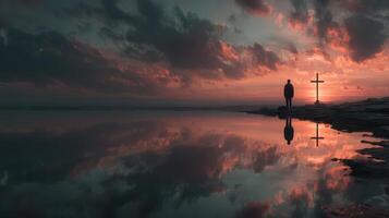 Reflection at sunset with a silhouette by a cross near the water photo