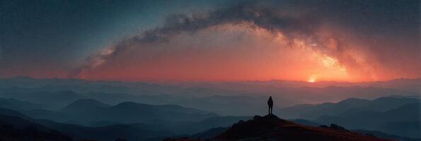 Stargazer observes a breathtaking sunset above misty mountains during twilight hours photo