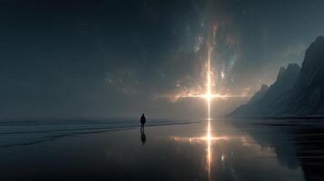 Mysterious figure gazes at celestial light reflecting on a tranquil beach at night photo