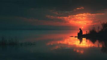 Solitary figure reflects by the peaceful lake at sunset amidst vibrant colors in the sky photo