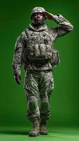 Soldier saluting with respect and pride in military uniform against a solid green background photo