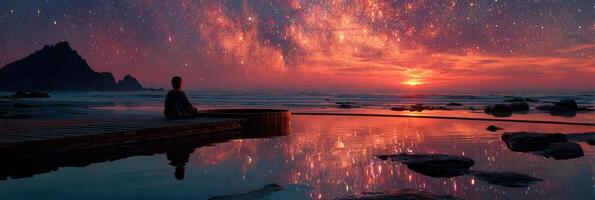 Watching the sunset reflect off the water while stargazing on a serene beach during twilight hours photo