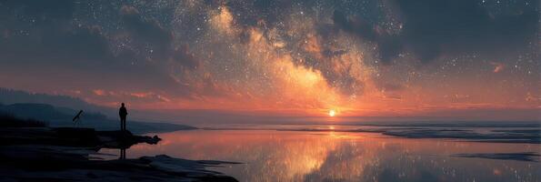 Stargazer enjoys the breathtaking sunset and starry sky along the tranquil lakeshore during twilight hours photo