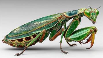 Detailed close-up of an intricately designed green mantis figurine showcasing vibrant colors and realistic features photo