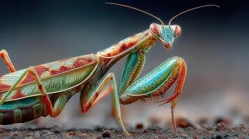 Colorful praying mantis in detailed close-up on a sandy background during late afternoon light photo