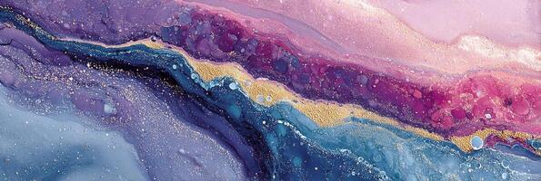 Colorful abstract art featuring flowing textures in shades of pink, purple, and blue with shimmering gold accents photo