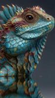 Colorful blue iguana with striking scales reflecting in calm water during sunny daylight photo