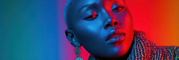 Model posing under colorful lighting showcasing vibrant fashion and striking features in a studio environment photo