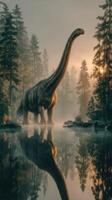 Giant dinosaur standing in a misty lake surrounded by tall trees at sunrise photo